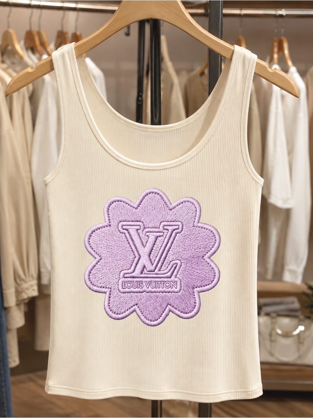Cream Ribbed Tank with Lavender Logo Patch